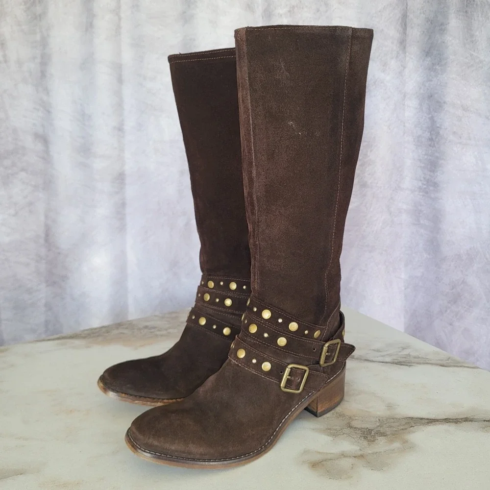 Barneys New York Suede Boots Knee High Biker Women's 36 Studded Buckle